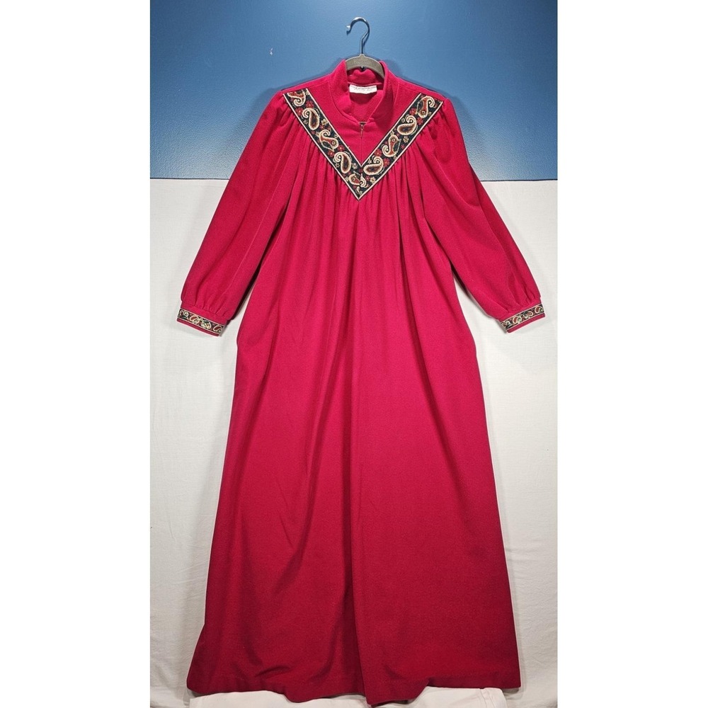 Vintage Vanity Fair Velour Robe Red Size M Zip Red Metallic Trim Housecoat  Maxi